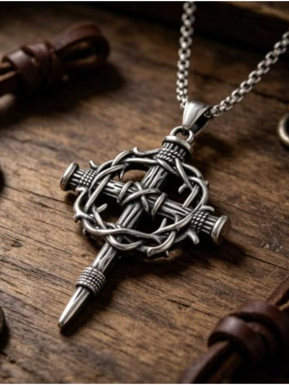 Stainless Steel Crown of Thorns Cross Necklace 22in Box Chain - Picture 4 of 5
